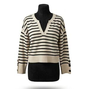Marled Sweater Womens Large Striped Knit  Ivory Black Stripe Preppy Aesthetic